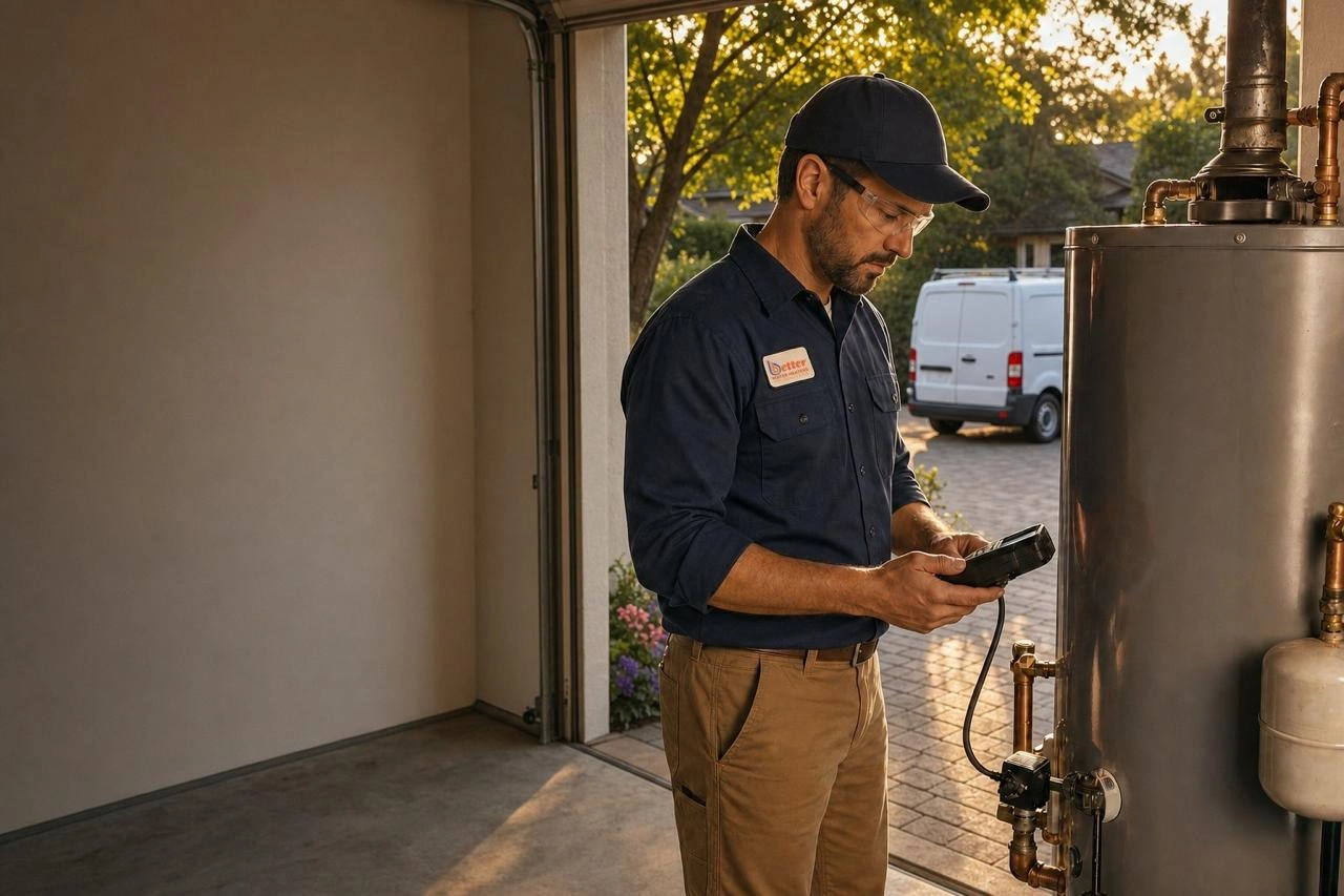 Approved AI-assisted concept showing a Better Water Heaters technician working beside a garage water heater in golden-hour light